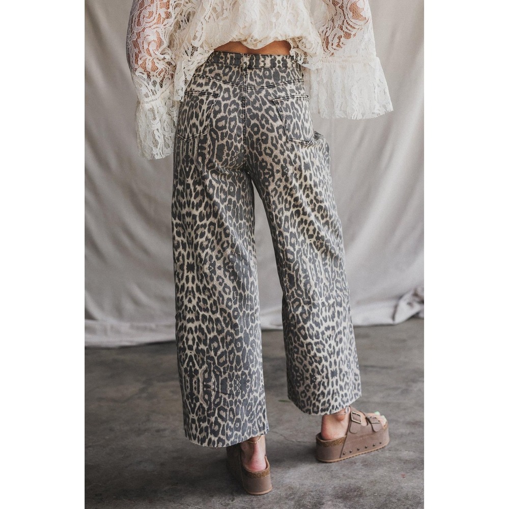 NWT Three Bird Nest Roaming Leopard Print Pants Wide Leg High Rise Tan Black S - Picture 2 of 6